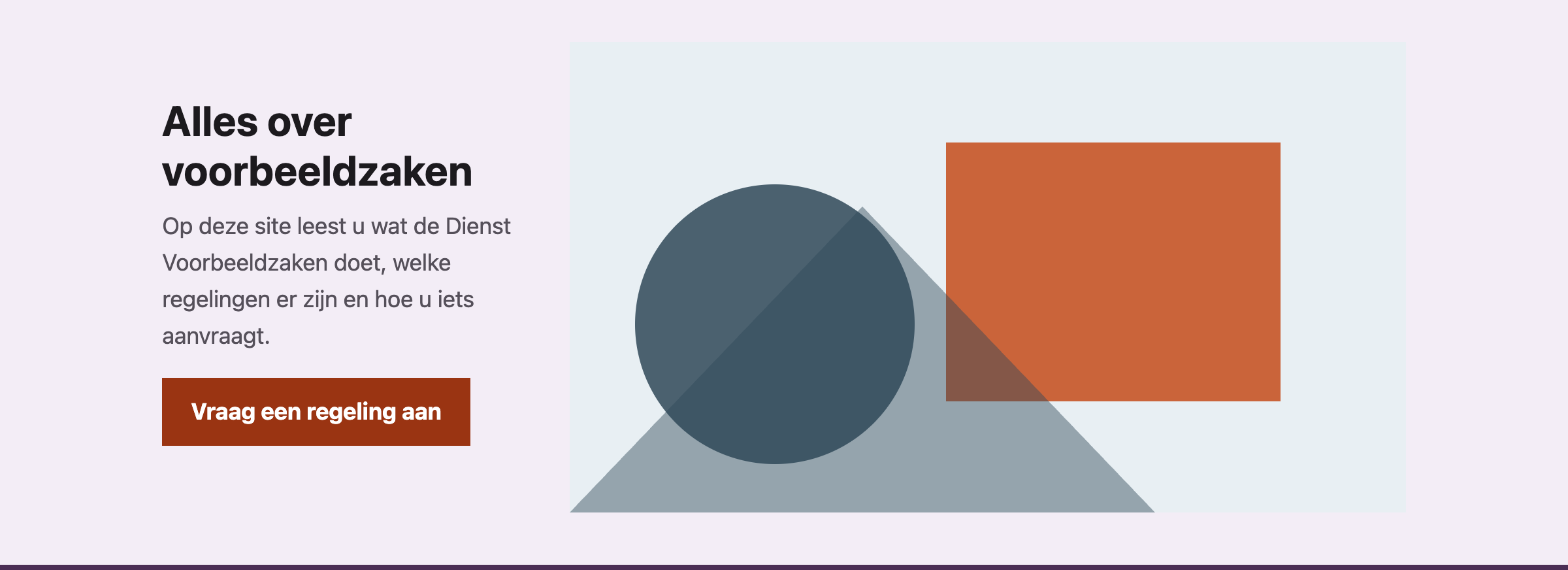 Een beeldschermbrede afbeelding boven aan een pagina, met daarin een kop, een korte tekst en een knop “Vraag een regeling aan”.